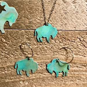 Mini Patina Buffalo Necklace or Earrings-Wyoming,Colorado, yellowstone,buffalo,gold,brass,patina,turquoise,bison,gift idea,christmas present image 2