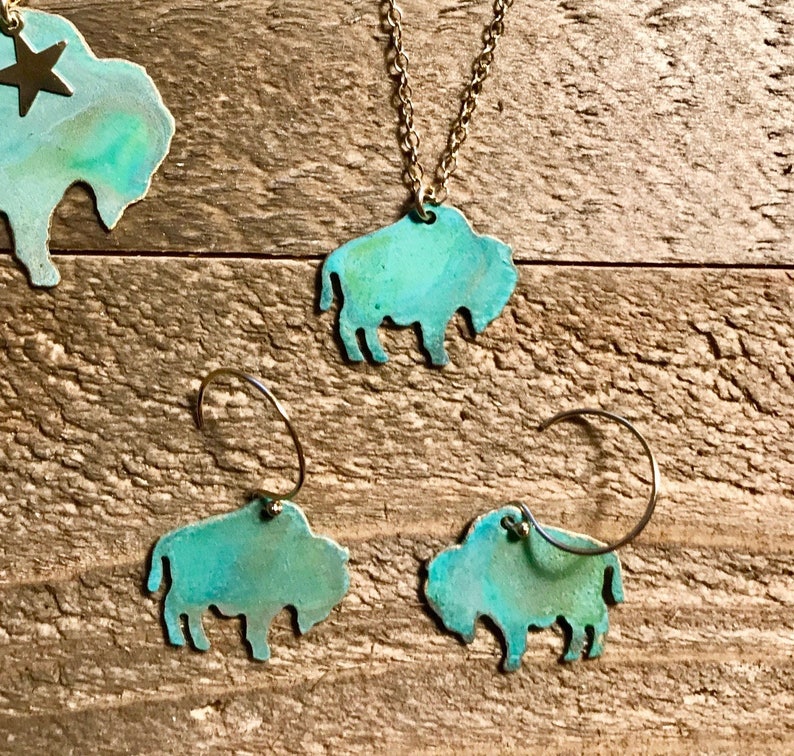 Mini Patina Buffalo Necklace or Earrings-Wyoming,Colorado, yellowstone,buffalo,gold,brass,patina,turquoise,bison,gift idea,christmas present image 2
