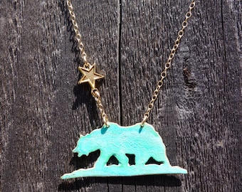 California Patina Bear Necklace-Handcrafted,gold,brass,bruins,patina,california bear,turquoise,gift idea,christmas present