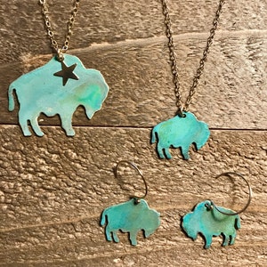 Mini Patina Buffalo Necklace or Earrings-Wyoming,Colorado, yellowstone,buffalo,gold,brass,patina,turquoise,bison,gift idea,christmas present image 4