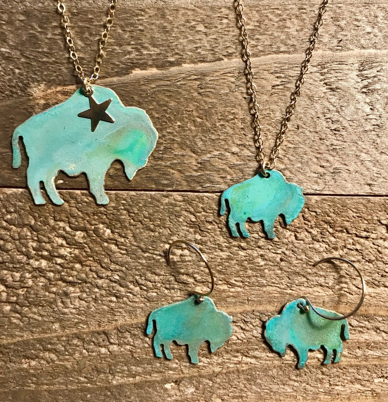 Mini Patina Buffalo Necklace or Earrings-Wyoming,Colorado, yellowstone,buffalo,gold,brass,patina,turquoise,bison,gift idea,christmas present image 4