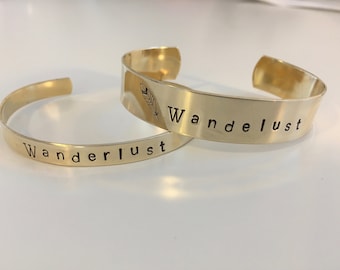 Wanderlust Stamped Cuff-brass, bohemian  chic, wander,hand stamped, custom, personalized, boho, wild & free, gift idea, christmas present