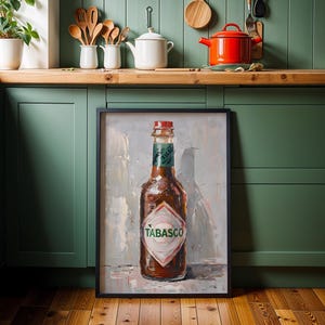 Tabasco Oil Painting Digital Print, Minimalistyczna sztuka ścienna do kuchni, Dekoracja wózka barowego, Modna sztuka ścienna, Dekoracja sosu pikantnego, Wyrafinowany wydruk retro