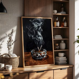 Grungy Retro Cigarette Ashtray Poster, Minimalist Dark Academia Wall Art for Bar Cart, Game Room, Lounge Decor, Oil Painted Alt Urban Print