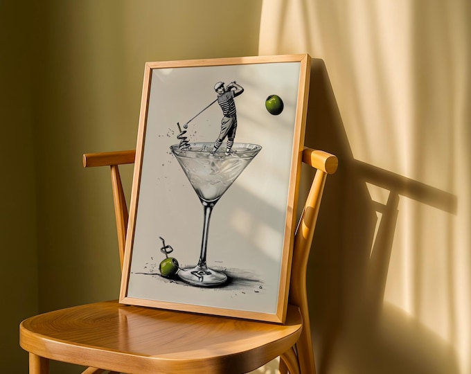 Whimsical Golf Wall Art, Golfer Hitting Olive Out of Dirty Martini, Bar Decor, Man Cave Poster, Golf Gift for Him, Cocktail Sports Print