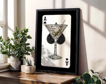 Ace of Spades Dirty Martini Mosaic Poster, Cocktail Bar Cart Decor, Unique Minimalist Playing Card Print, Sophisticated Retro Wall Art