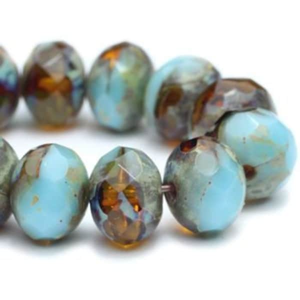 Turquoise Amber Czech Beads, Strand of 25, Czech Rondelle Beads, Czech Glass Beads, Antique Style Beads, Picasso Beads, Glass Beads