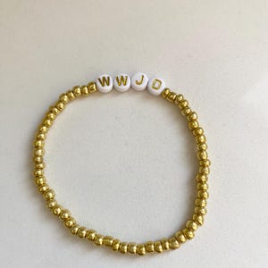Gold seed bead elastic WWJD bracelet, Silver seed bead elastic WWJD bracelet, choice of letter colors, customizable sizes