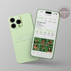 Modelo de cartão de visita vertical do Instagram, verde, editável, cartão de visita vertical, modelo digital editável do Canva, salão de beleza, iPhone