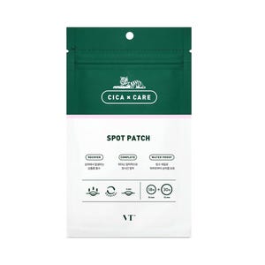 Könnte beinhalten: Eine weiße und grüne Packung mit VT Cica * Care Spot Patches. Auf der Packung steht "SPOT PATCH" und "CICA * CARE". Außerdem steht auf der Packung "RECOVER", "COMPLETE" und "WATER PROOF". Die Packung enthält zwei Patchgrößen, 10 mm und 12 mm.