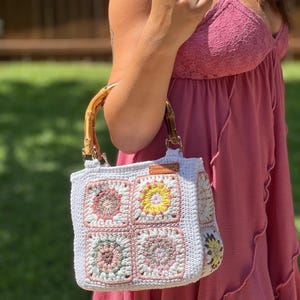 Granny Squares Crocheted Handmade Bag with Bamboo Handles, Top Handle Bag