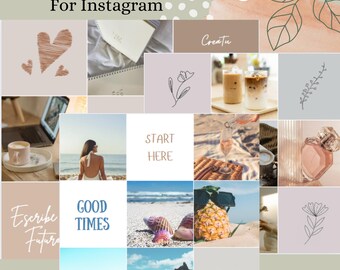 May include: A collage of images for Instagram feed inspiration. The images include a laptop, a woman on a beach, a pineapple, a seashell, a cup of coffee, a flower, and the text "Start Here", "Good Times", "Treat Yourself", and "Escribe Futura".