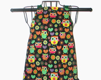 CHILD'S REVERSIBLE APRON Age 2-4  Adjusts for Height Hooty Owls Flowers Hearts Theme