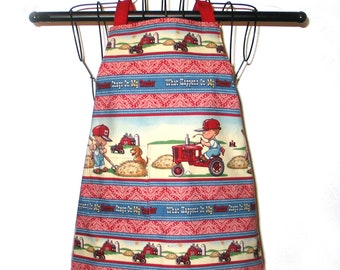 CHILD'S REVERSIBLE APRON Age 2-4  Adjusts for Height Tractors Farm Scene