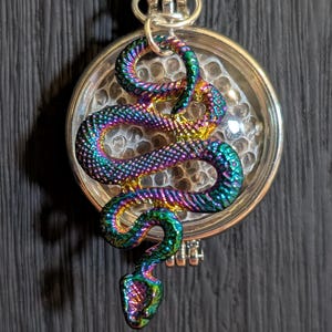 May include: A silver chain necklace with a round pendant featuring a iridescent snake charm. The pendant has a clear glass top and a honeycomb pattern on the inside.