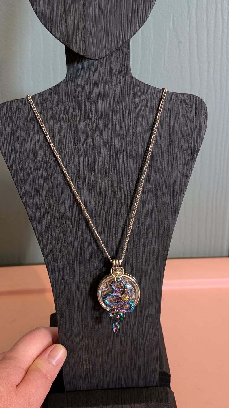 Puede incluir: Un collar de cadena de plata con un colgante redondo que presenta una serpiente iridiscente enroscada.
