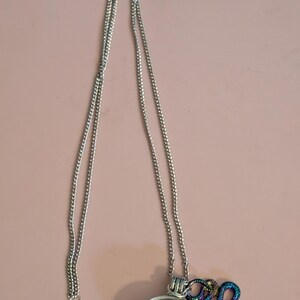 Puede incluir: Un collar de cadena de plata con un colgante redondo con un dise&ntilde;o de piel de serpiente. Un peque&ntilde;o amuleto de serpiente iridiscente cuelga del colgante.
