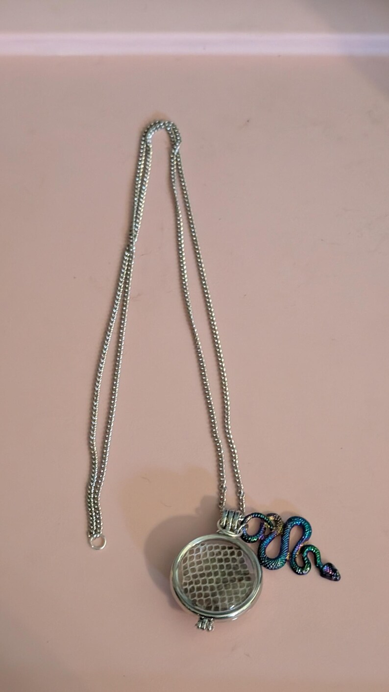 Puede incluir: Un collar de cadena de plata con un colgante redondo con un dise&ntilde;o de piel de serpiente. Un peque&ntilde;o amuleto de serpiente iridiscente cuelga del colgante.