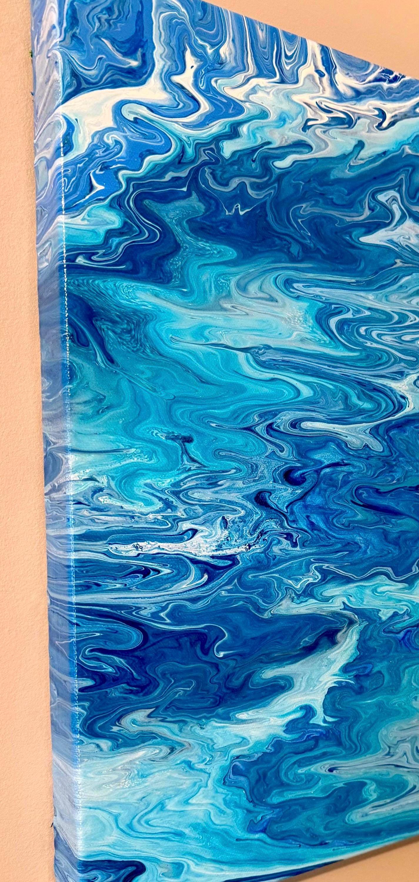 Original Abstract Fluid Art Painting: Blue & White Acrylic on Canvas ...