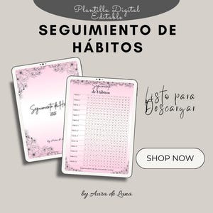 Puede incluir: Un rastreador de hábitos imprimible digital con un fondo rosa y un diseño floral. El rastreador se titula "Seguimiento de Hábitos" e incluye una cuadrícula para rastrear hábitos durante un período de tiempo. El texto "Listo para Descargar" y "Shop Now" también se incluye en la imagen.