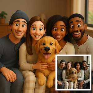 Cute Cartoon Family and Pet Portrait | Personalized Couple & Pet Drawing | Cherish Moments with Your Furry Friends