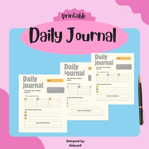 Pode incluir: Páginas de diário diárias imprimíveis com um fundo rosa claro e azul. As páginas do diário têm seções para a data, pensamentos positivos diários, coisas para apreciar, momentos que o fizeram sorrir e notas. Há uma caneta preta à direita.