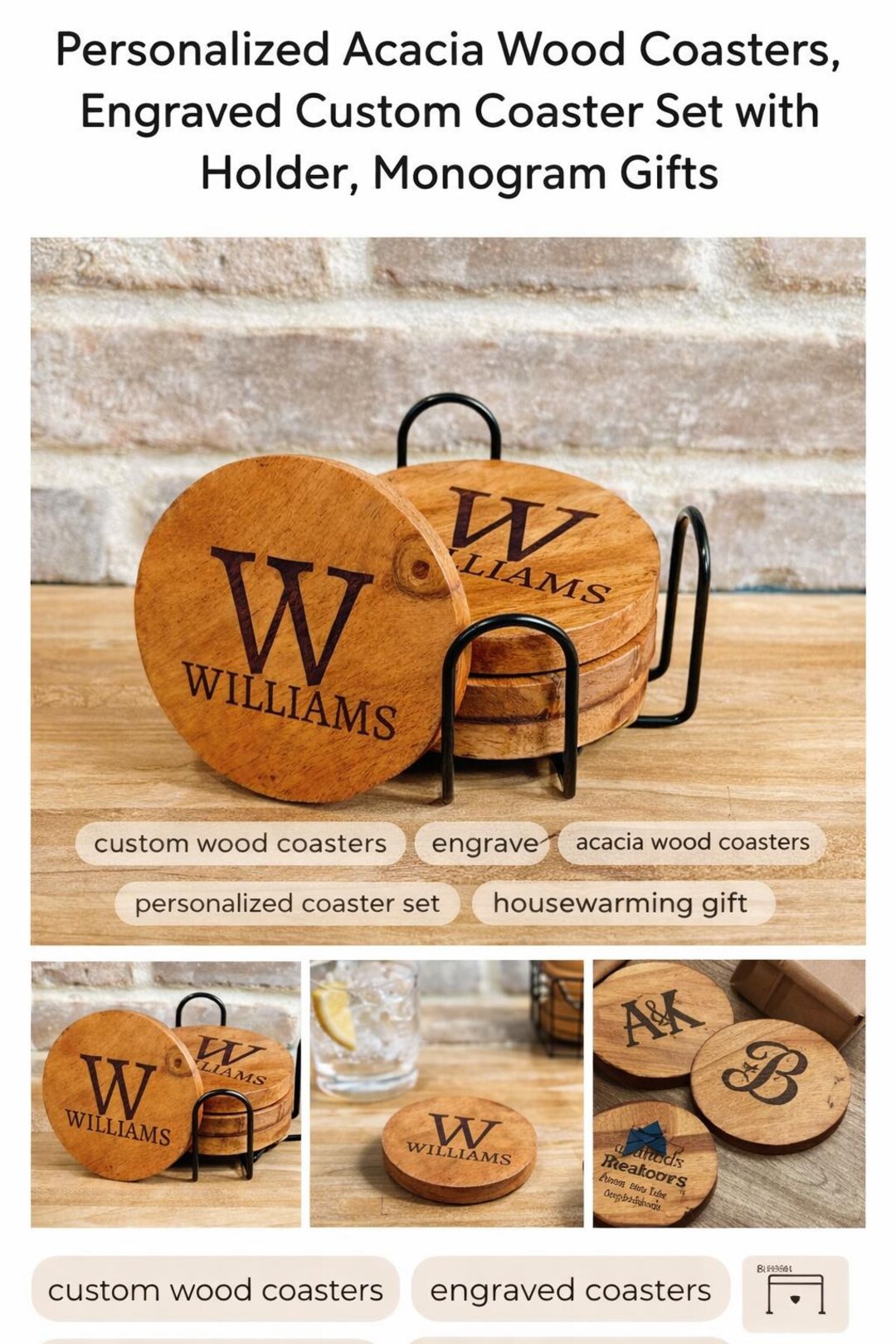 Engraved Acacia Wood Coaster Set, Personalized Monogram, Farmhouse ...