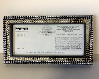 Gold Crystal and Diamond bling Cosmetology, Business license Frame