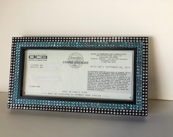 Turquoise and Diamond bling cosmetology, or business license frame