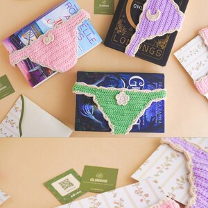 colorful crochet book thong bookmarks handmade bookini bookmarks funny bookmark collection unique book lover gifts cute reading accessories for women stretchy bookmarks for different book sizes bookish stocking stuffers Christmas gifts for readers Secret Santa gifts white elephant book gifts birthday gift for bookworm Galentines reader gift book club gift cozy handmade bookmark holiday gift set festive reader gift small gifts for women readers