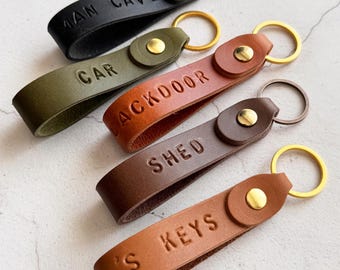Personalised Leather Loop Keychain: Handmade Stamped Key Ring Gift