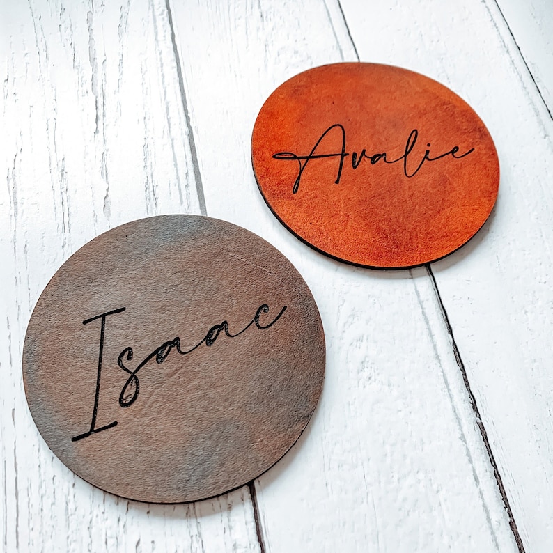 Personalised engraved leather coaster wedding favour, dinner party place setting. image 3