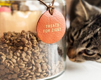 Round Personalised Leather Treat Jar Label For Your Pet, Pet Reward Label.