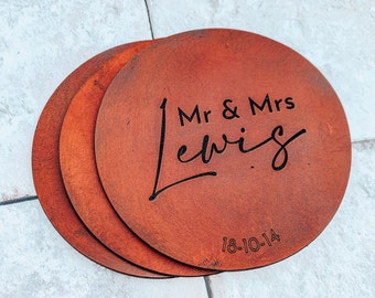 Mr & Mrs Personalised Leather Coasters, Anniversary gifts, gifts for couples, wedding gifts.