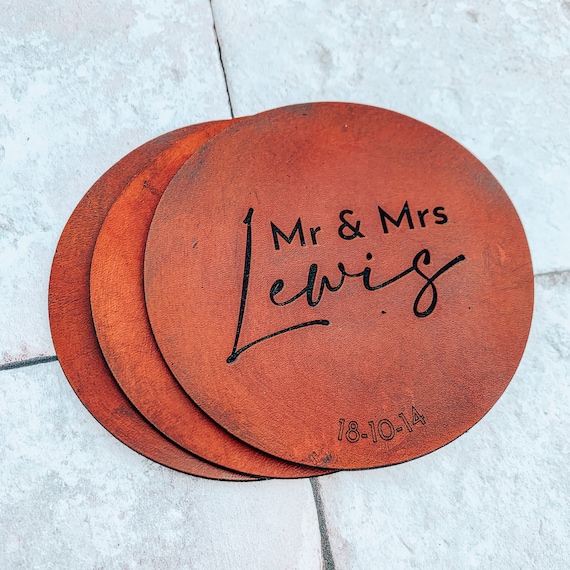 Mr Mrs Personalised Leather Coasters Anniversary gifts gifts for couples wedding gifts