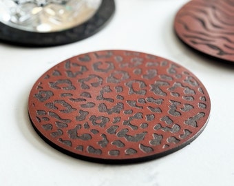 One Tan Animal Print Leather Coasters, Leather Anniversary gift.