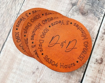 Third Anniversary Leather Coaster with Personalised Initials in a script font