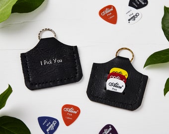 Plectrum and keyring holder in black - gifts for musicians - personalised keyring - handmade leather gifts. Fathers Day