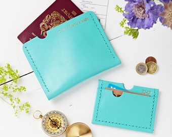 Passport Case - Handmade Leather Personalised Holder and card holder - gift for travellers - pastel personalized passport case.