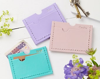 Leather Personalised Card Holder, handmade pastel wallet
