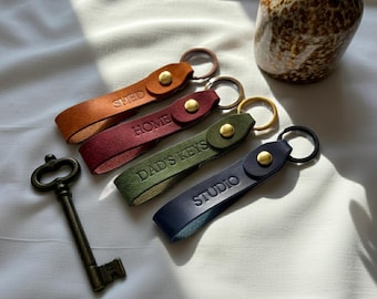 Stamped Personalised Leather Loop Keychain: Handmade Key Ring Gift