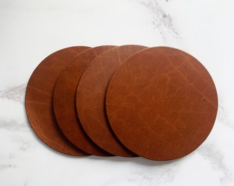 Blank Dark Tan Leather Circle Coasters, Handmade Real Leather Coaster Set, Anniversary Gifts