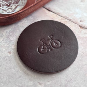 Gift for Cyclists, leather coaster with bicycle. Perfect Father's Day gift and cycling for Grandpa.