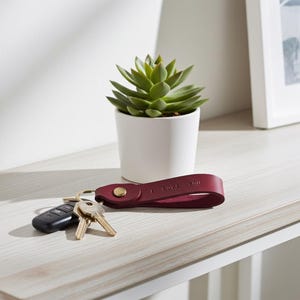 May include: A burgundy leather keychain with the words "I LOVE YOU" embossed, alongside keys and a car remote. A small green succulent plant in a white pot is also present. The items are on a light-coloured wooden surface.