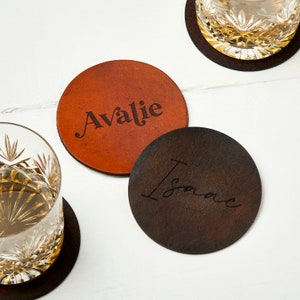 Personalised engraved leather coaster wedding favour, dinner party place setting. image 1