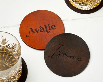 Personalised engraved leather coaster - wedding favour, dinner party place setting.