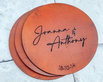 Personalised leather coasters perfect first for couples, anniversary gifts, leather anniversary, wedding ideas.