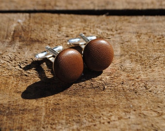 Chocolate Brown Leather Cufflinks, wedding jewellery for men. Anniversary gifts.