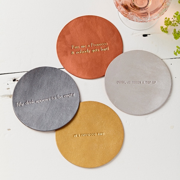Metallic painted leather coaster, personalised leather gifts for the home, on trend coasters, Christmas table gifts