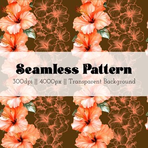 Orange Hibiscus Lei and Outline Seamless Pattern Transparent Background Hawaii Inspired 300dpi Personal Use Allowed